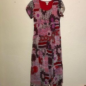 Country Door Maxi Dress Short Sleeve Floral Square Neck Sheer Lining XL Red Pink